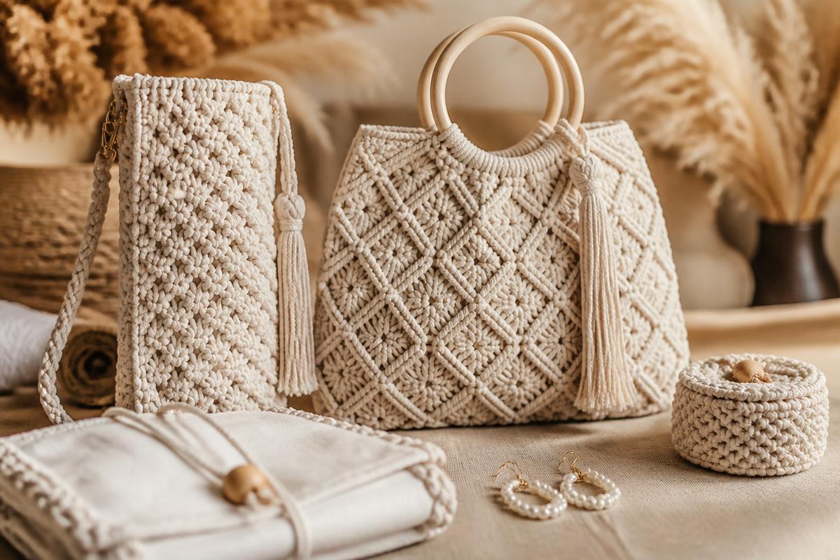 Bolsas de macramé artesanais em tons neutros
